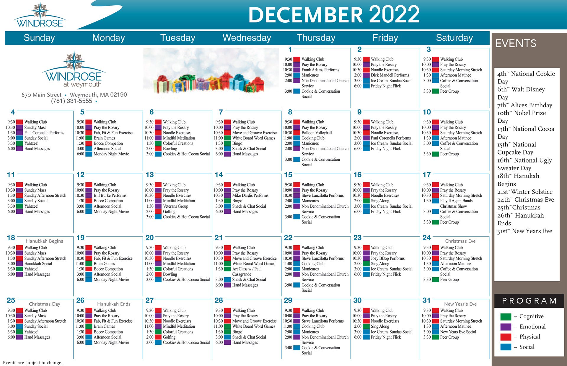 Assisted Living Community Activities Calendar December 2022